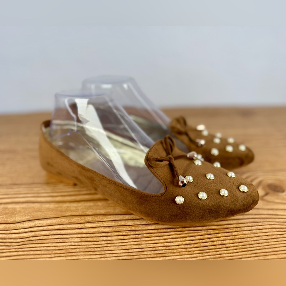 Women’s Studded Pearl Brown Faux Suede Loafers Tassel Ballet Flats Sz US 10